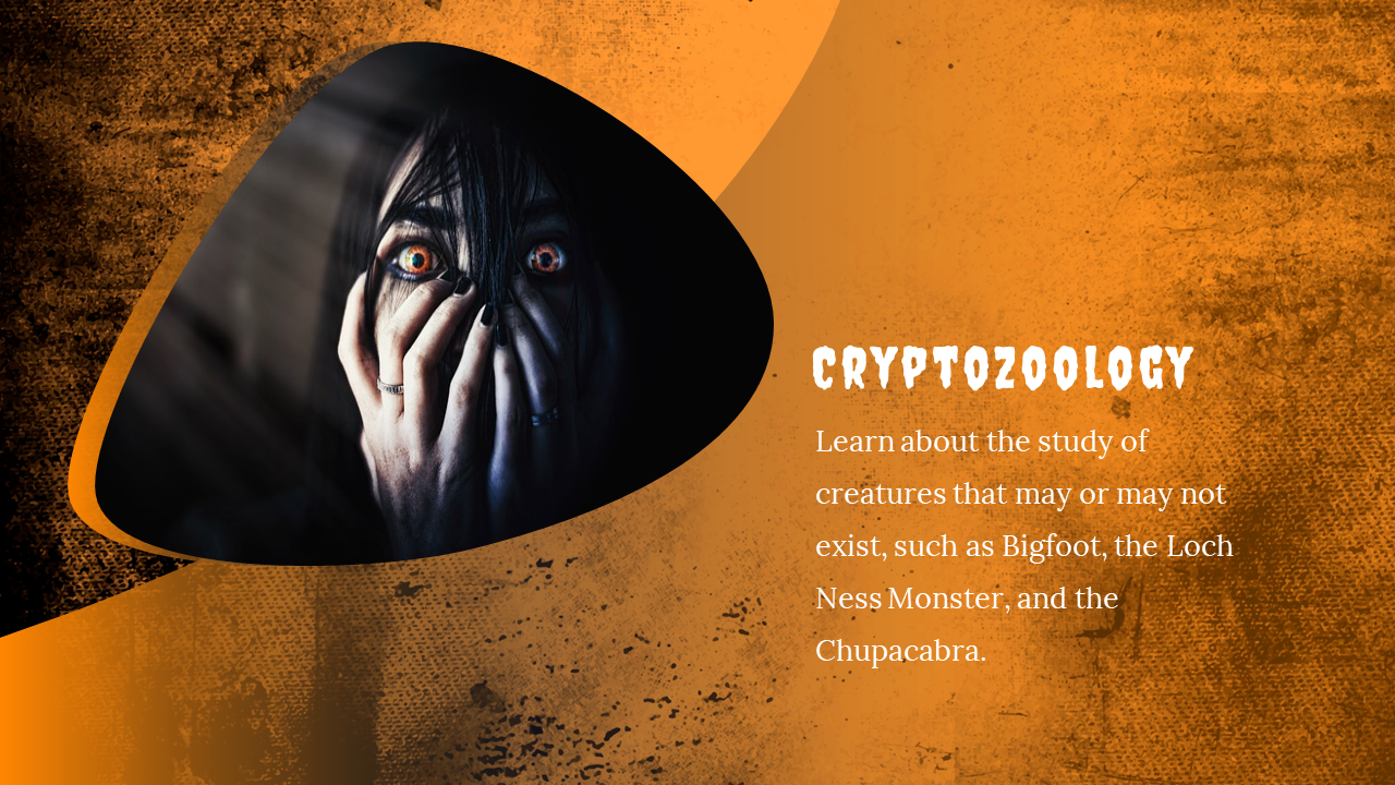 Explore cryptozoology through this eerie image, featuring a figure with glowing eyes, and creatures on an orange backdrop.