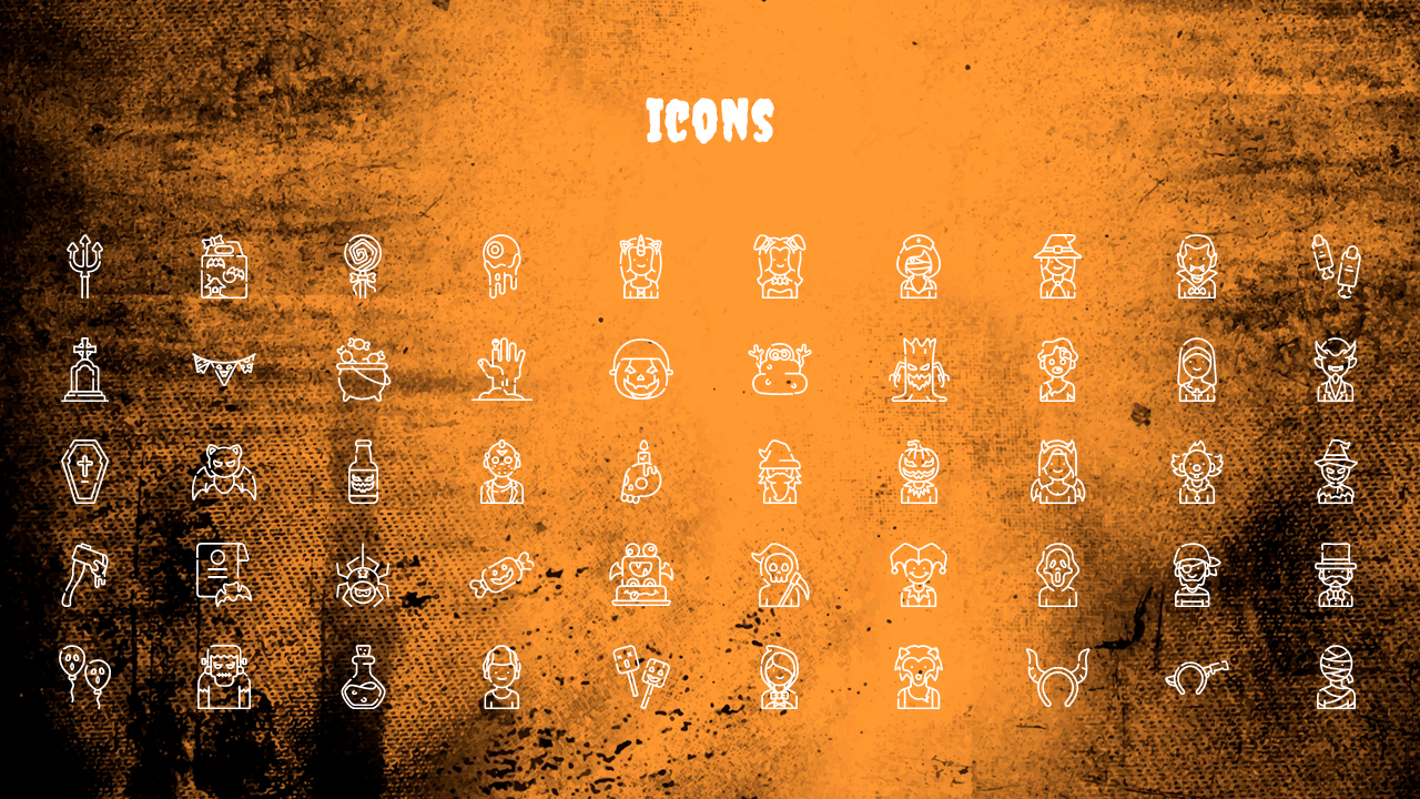 A collection of Halloween themed icons, including a devil's trident, pumpkin, witch, vampire, bat, and spooky figures.