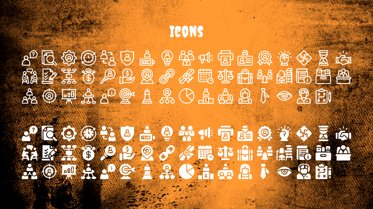 Grid of business and strategy icons including people, charts, gears, targets and time related symbols for process management.