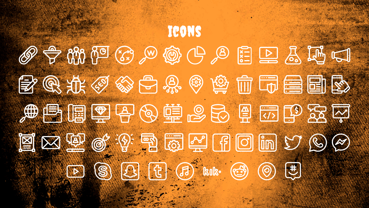 Collection of icons related to digital tools and marketing, including social media, SEO, and communication platforms.