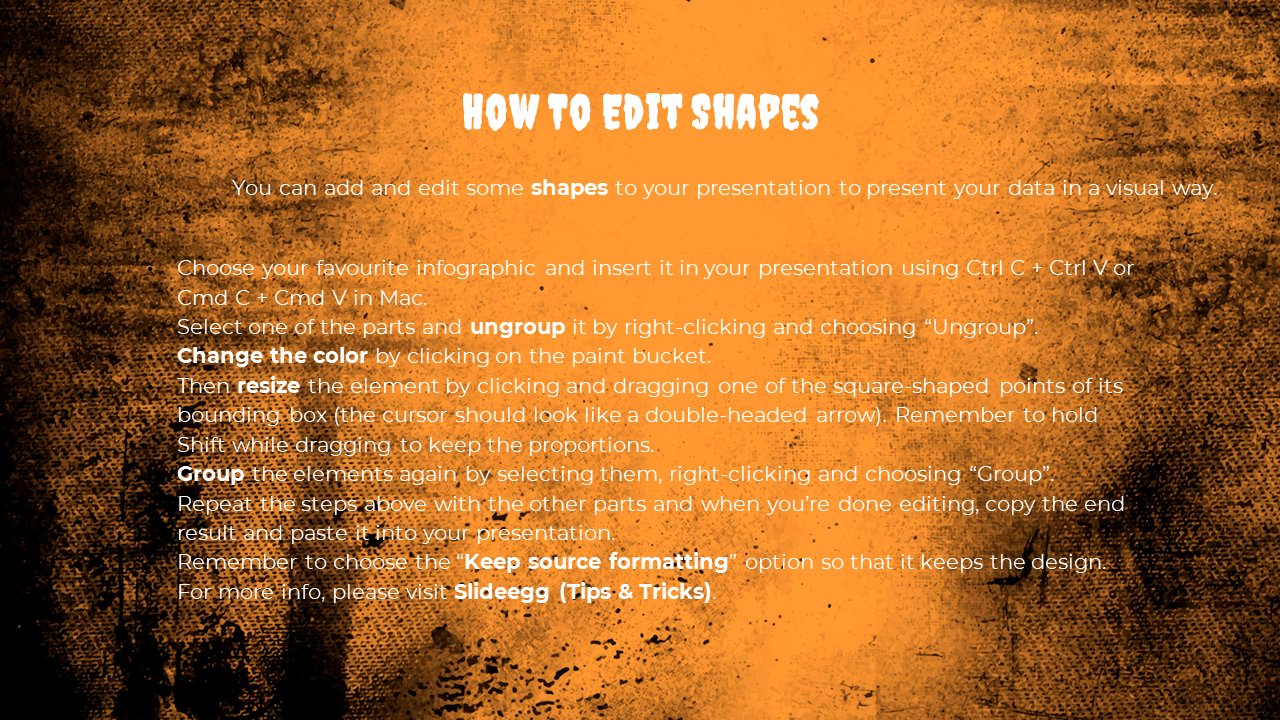A guide on editing shapes in PowerPoint, showing steps like ungrouping, resizing, and grouping elements on an orange theme.