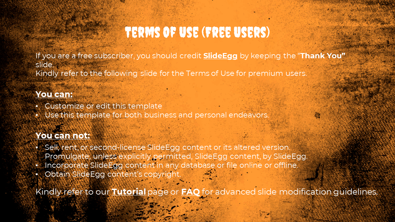 Terms of use for free users of SlideEgg, detailing what can and cannot be done with the template on an orange theme.