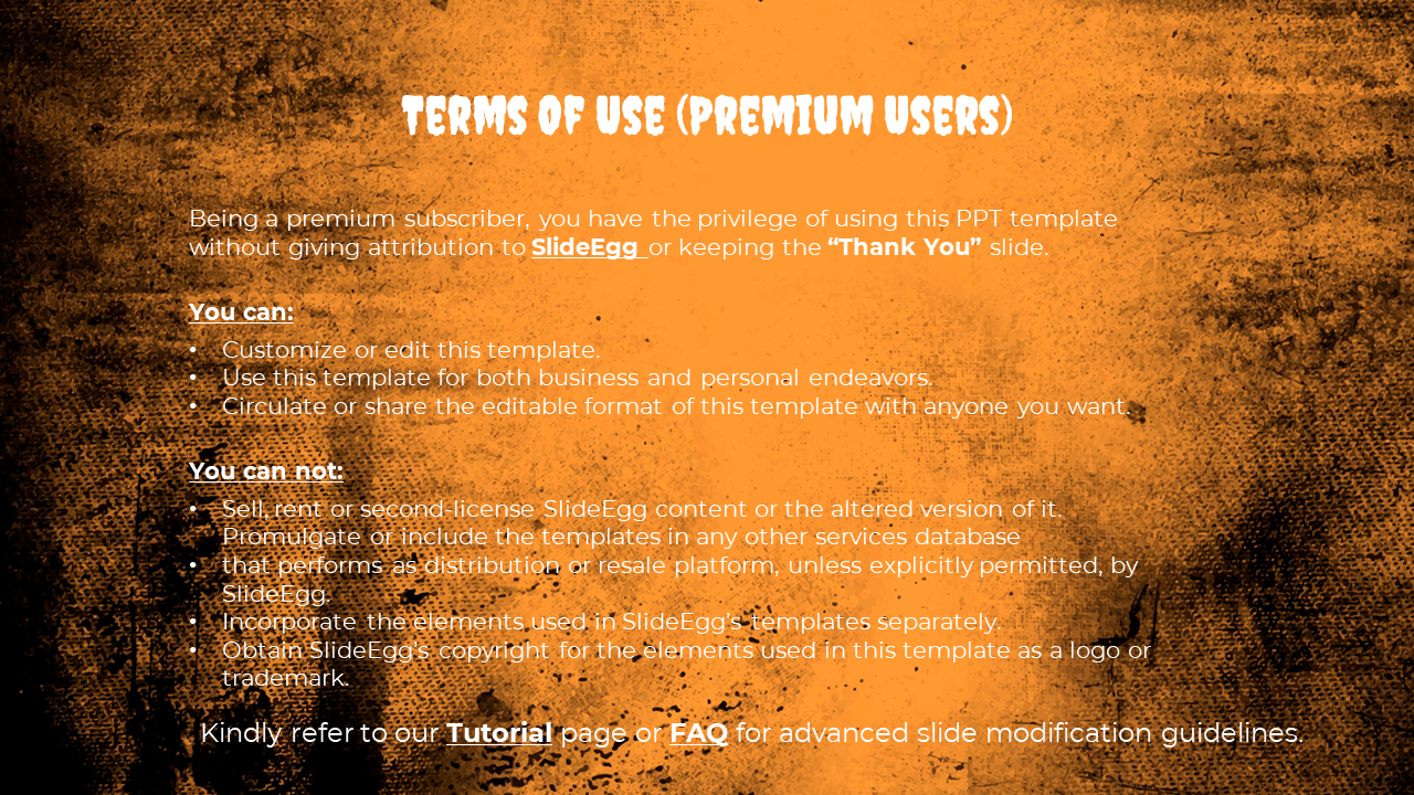 SlideEgg premium users' terms, including rights to customize, share, and use templates on an orange backdrop.