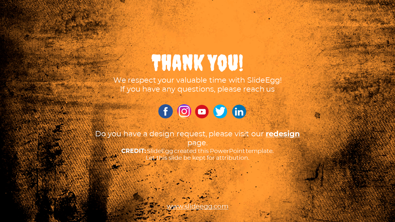 Thank You slide with social media icons, providing contact details and a credit to SlideEgg on an orange backdrop.