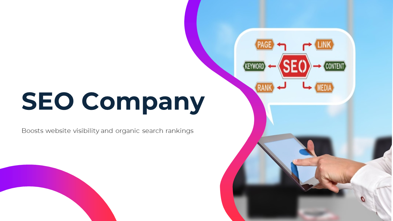 A professional SEO company slide, showcasing SEO related terms like page, keyword, rank, and content on a white theme.