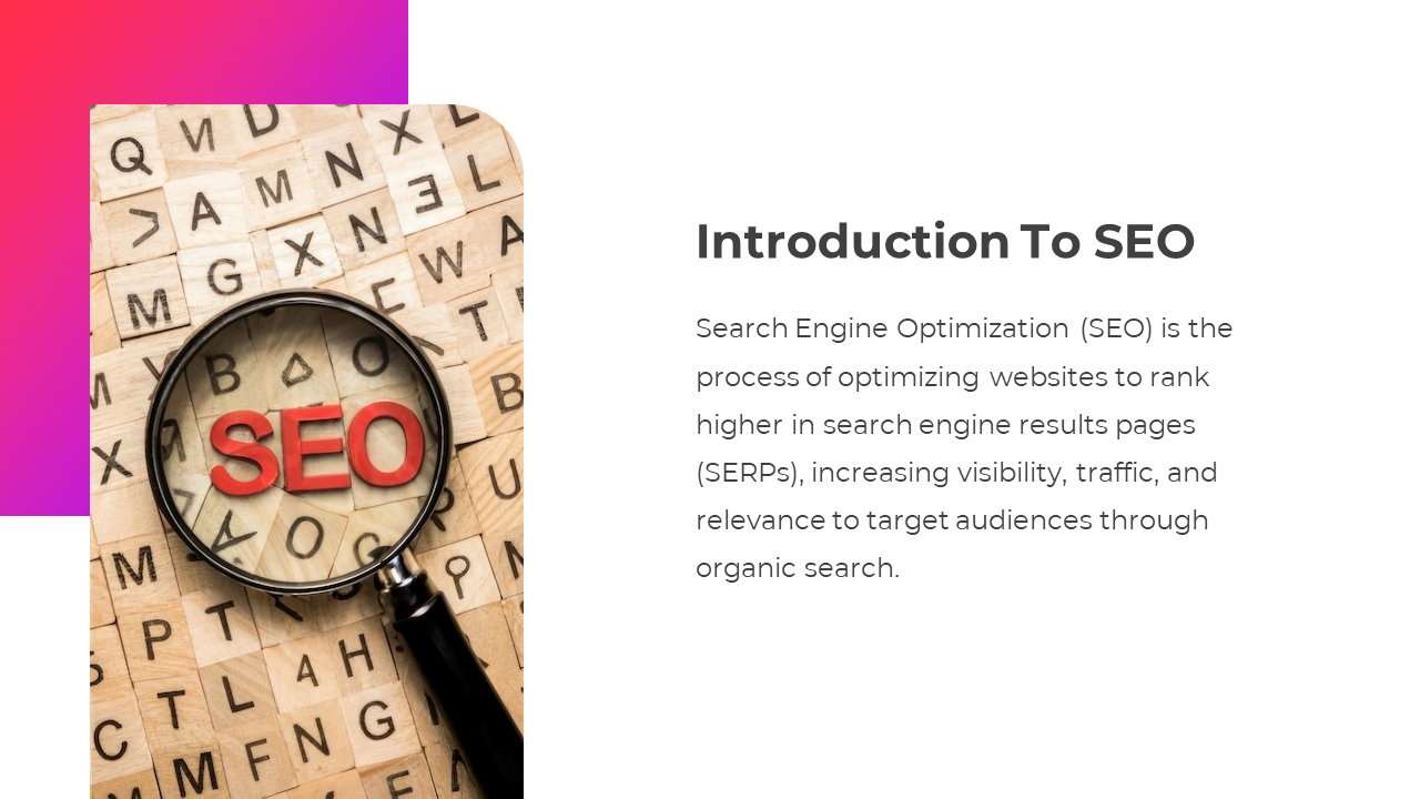 An introduction to SEO with a magnifying glass over the word SEO, describing its role on a white backdrop.
