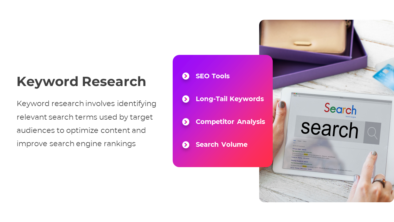 An SEO slide on Keyword Research with a list of key elements on a white backdrop.
