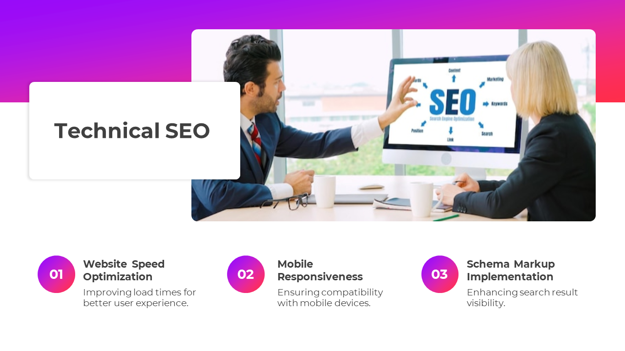 Technical SEO slide focusing website speed optimization, mobile responsiveness and schema markup on a white and rose theme.