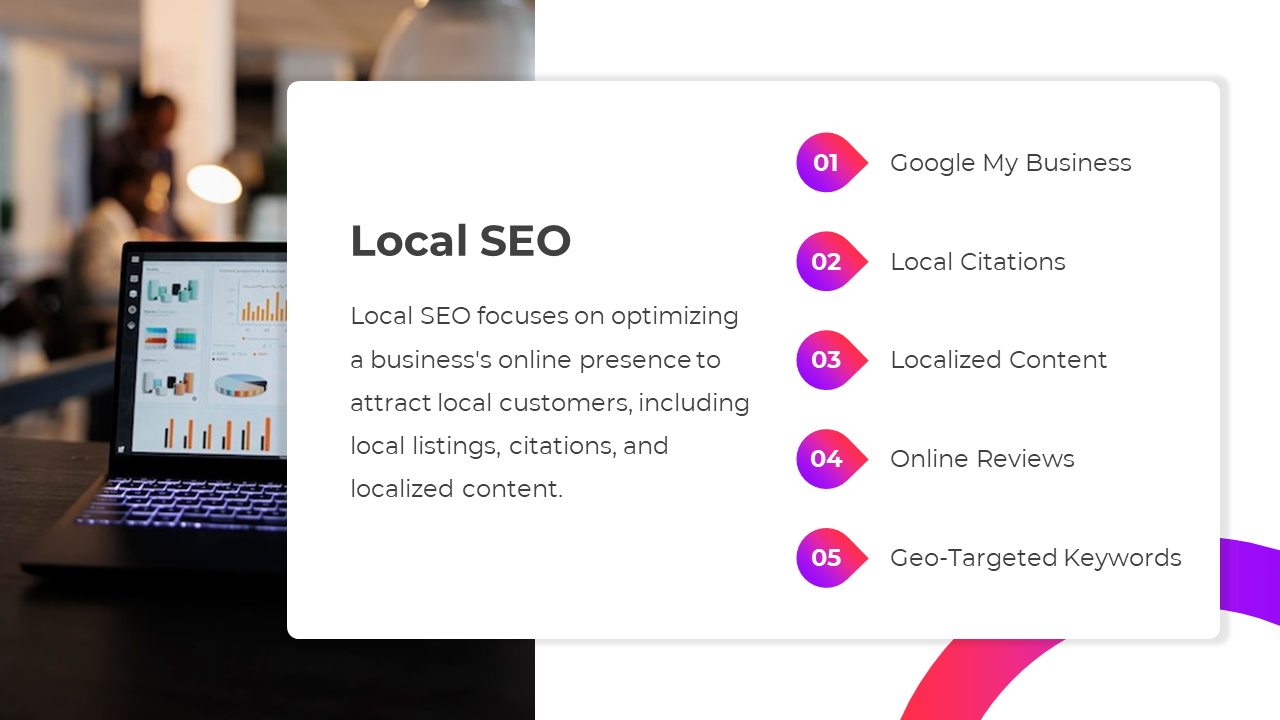 Local SEO overview with a focus on improving business visibility with a laptop on a white backdrop.