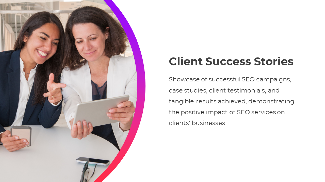 Two professionals reviewing client success stories and results achieved from SEO campaigns on a tablet on a white backdrop.
