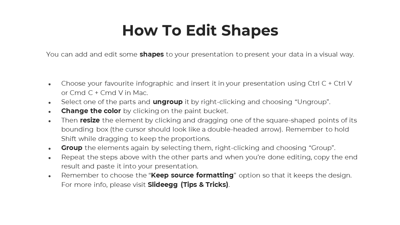 Instructions on editing PowerPoint shapes, including ungrouping, resizing, and changing colors on a white backdrop.