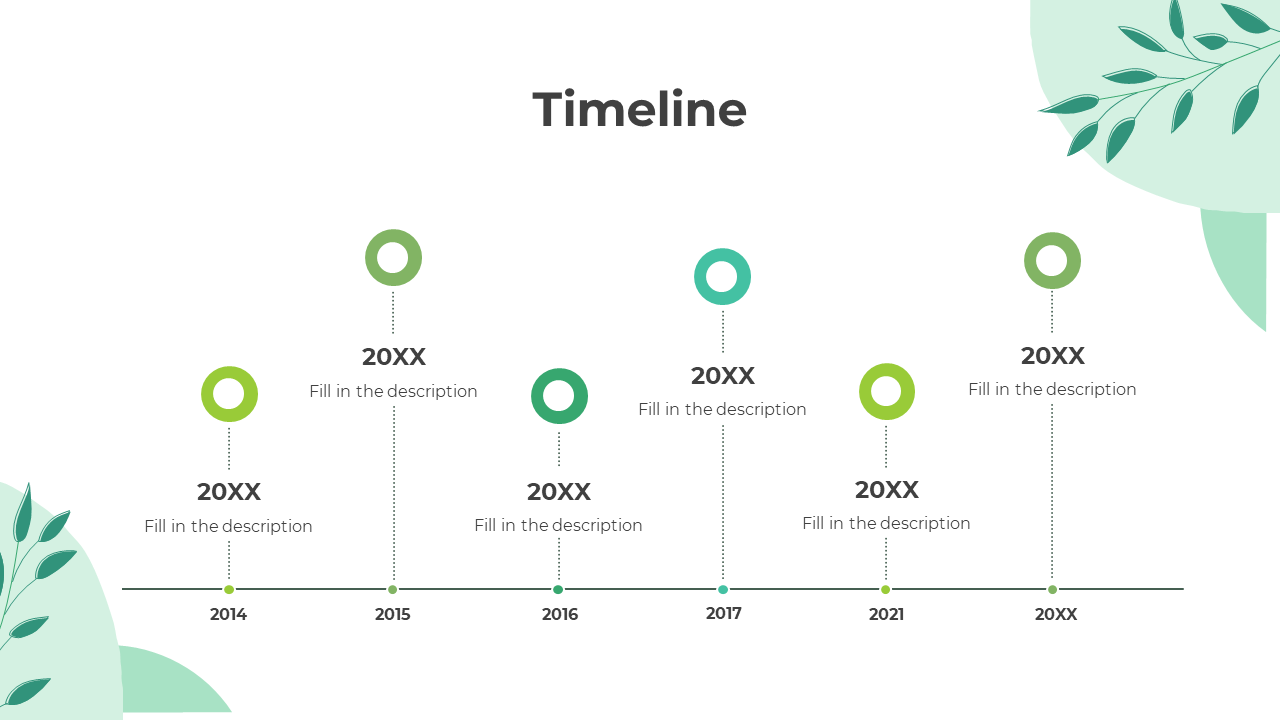 Timeline slide displaying years with corresponding green circles for each year offers areas to add details and descriptions.