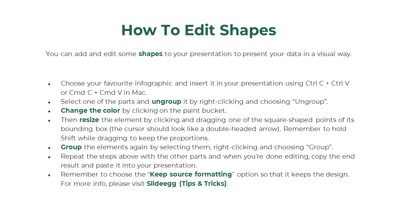 Instructions on how to edit shapes in a presentation, including steps for ungrouping, changing color, and grouping elements.