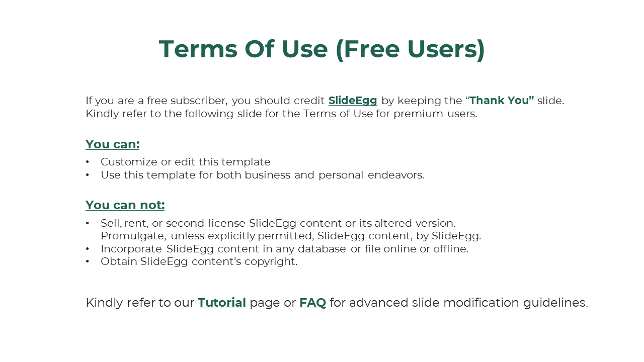 Terms of use for free subscribers, explaining the rights to edit and use SlideEgg templates with conditions on copyright.