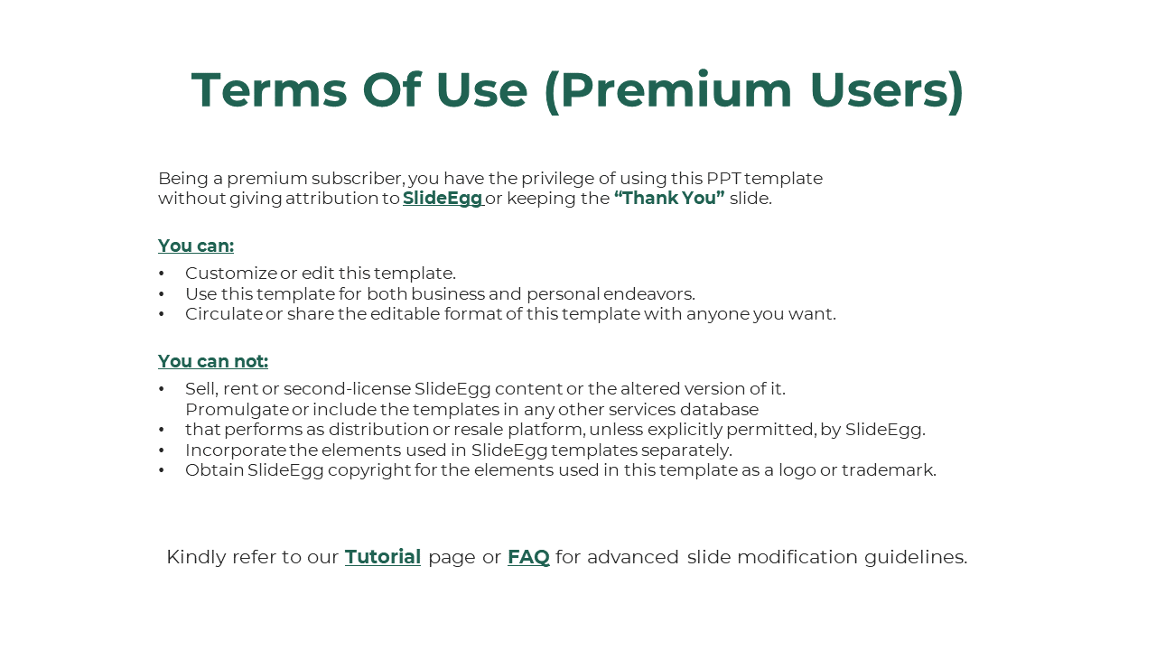 Terms of use for premium users with the rights to edit and share SlideEgg templates, excluding resale and copyright.