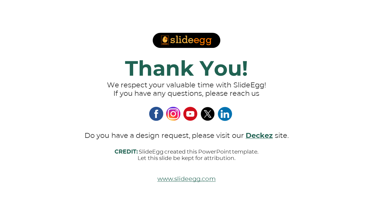 Thank you message slide from SlideEgg, with links to social media platforms and the Deckez site for design requests.