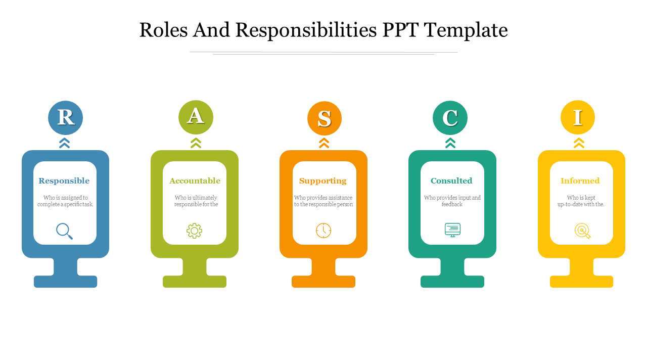 Roles and Responsibilities PowerPoint template with color coded icons representing RASCI roles on a white backdrop.