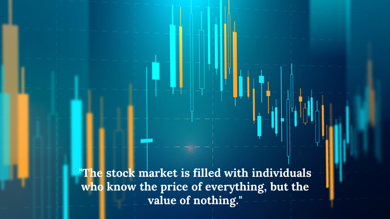 Colorful stock market candlestick chart with a motivational quote about understanding price versus value in the stock market.