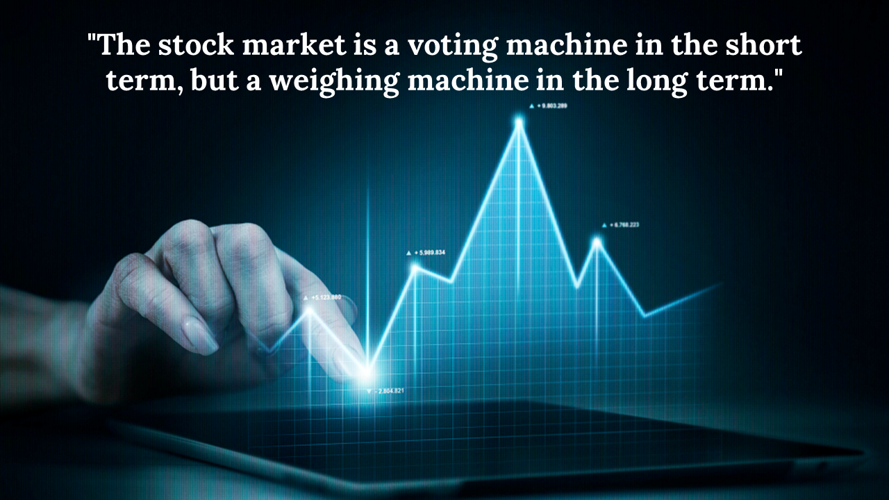 An upward stock market graph with a hand interacting with it, accompanied by the quote on a dark backdrop.