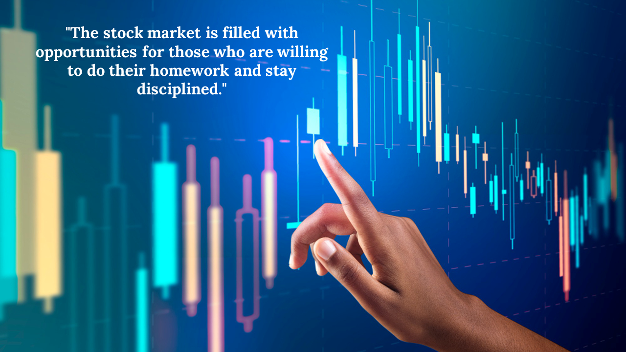 A hand interacting with a stock market graph, featuring a quote on a blue backdrop.