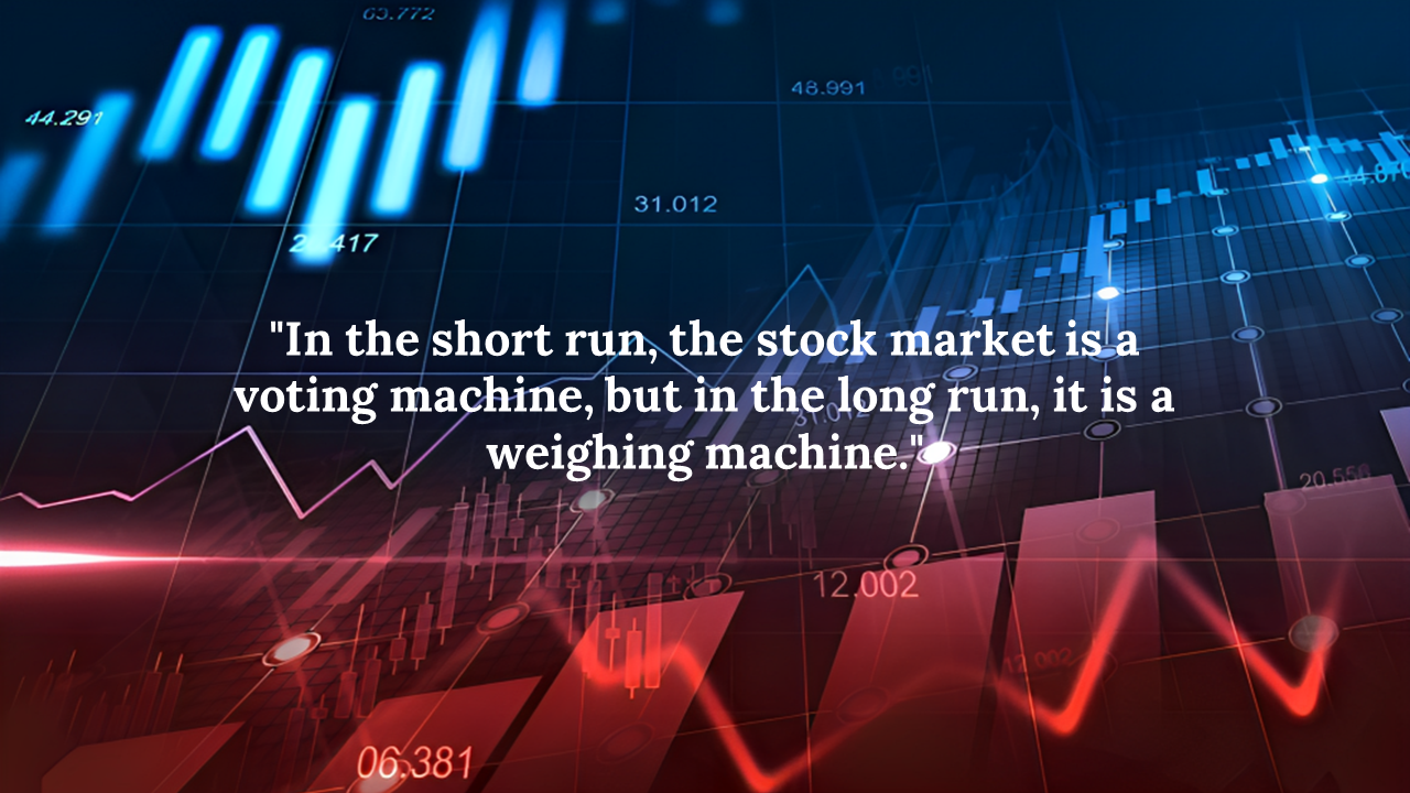 Stock market graph PPT slide with a quote on a blue and red backdrop.