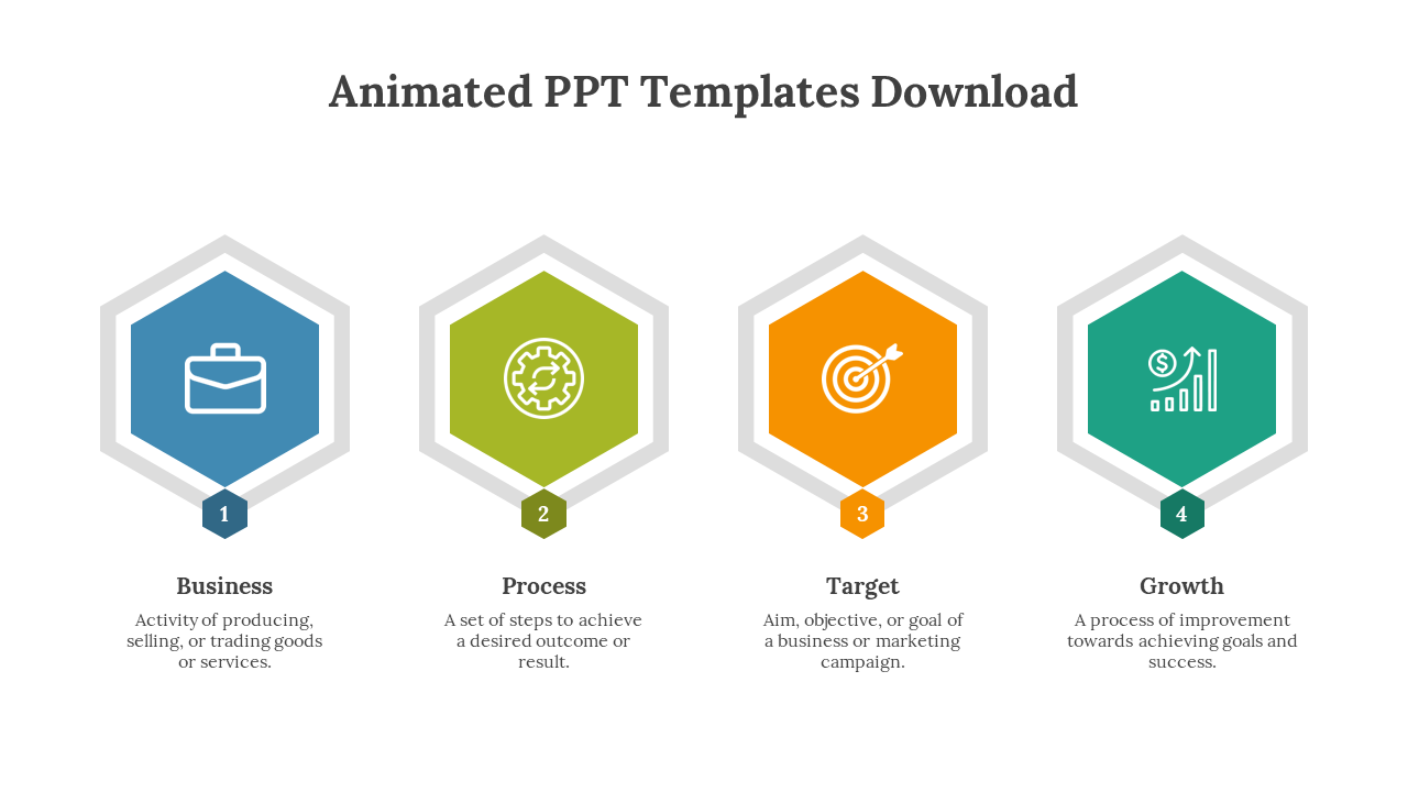 Four animated PPT slide with colorful hexagonal icons and labels for business, process, target, and growth concepts.