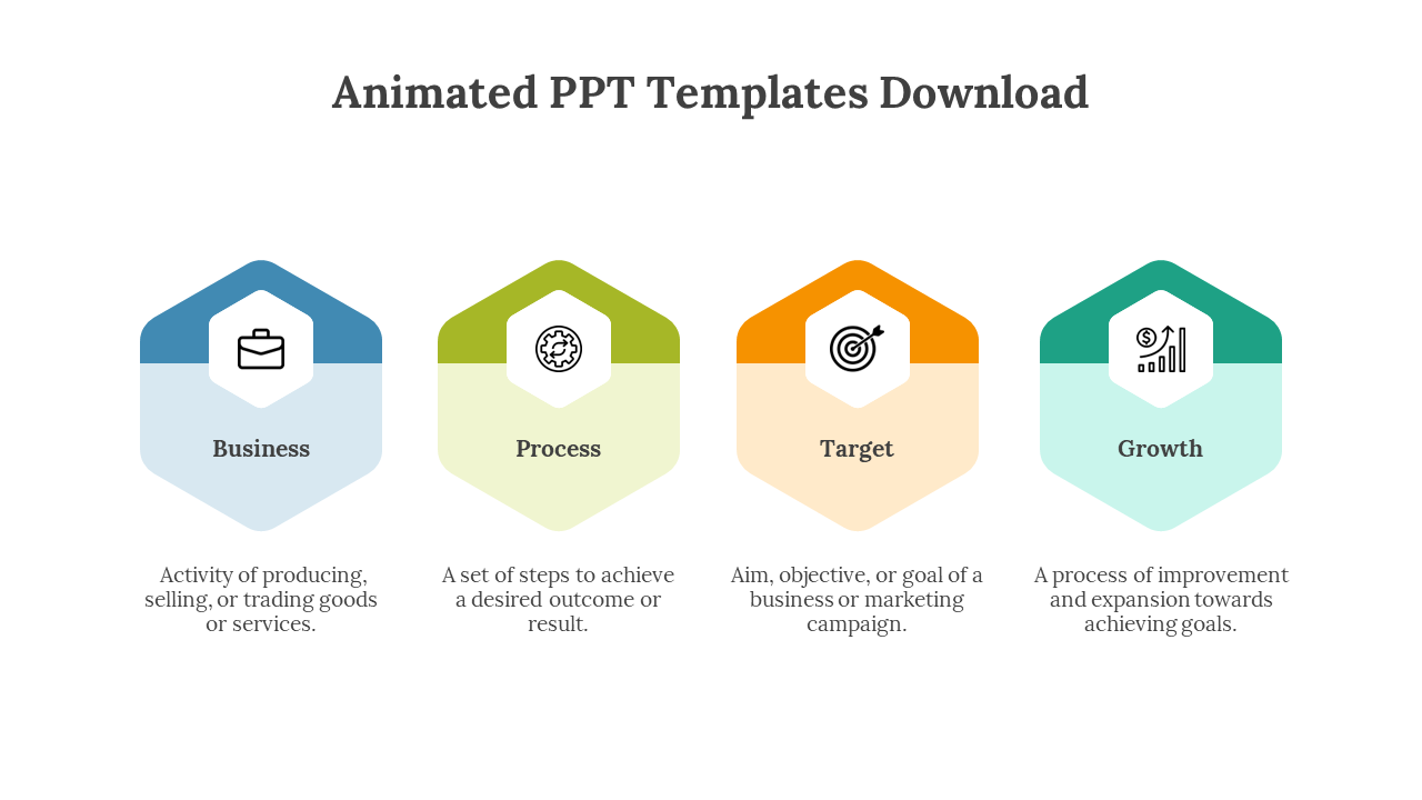 Animated PPT slide featuring colorful hexagonal icons for business, process, target, and growth with descriptive labels.