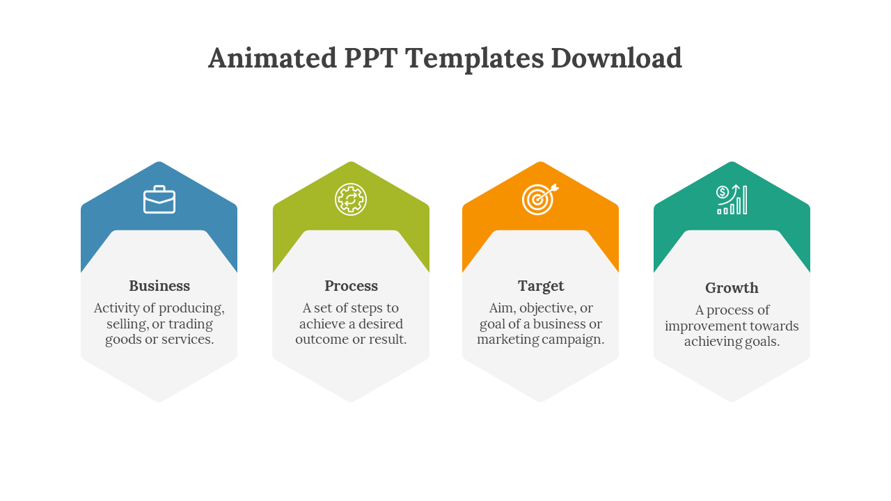 Four upward pointing color coded hexagonal icons for business, process, target, and growth, each with symbol and description.