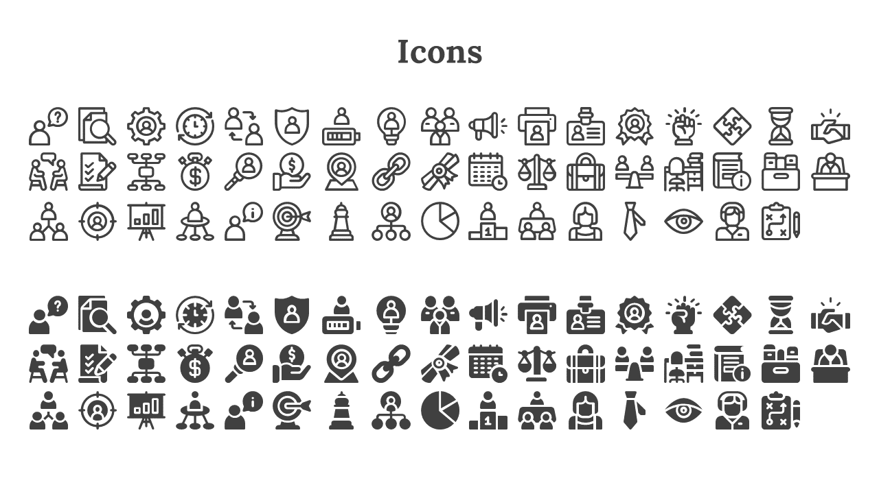 A collection of various business and management related icons arranged in two rows on a white backdrop.