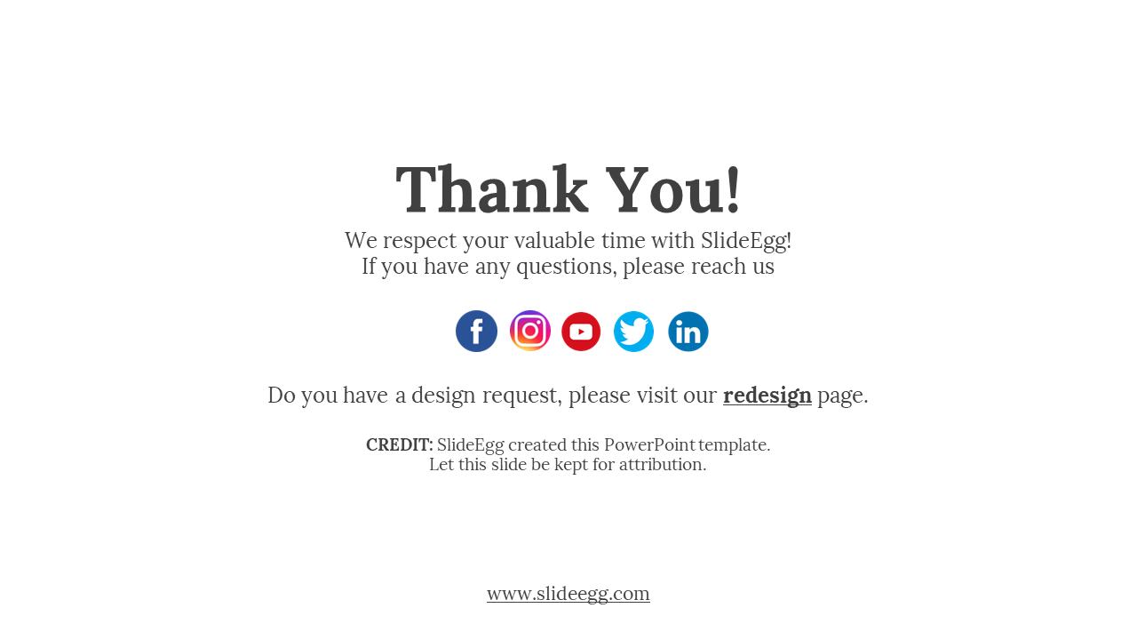A thank you slide with contact information including social media icons and a website address on a white backdrop.