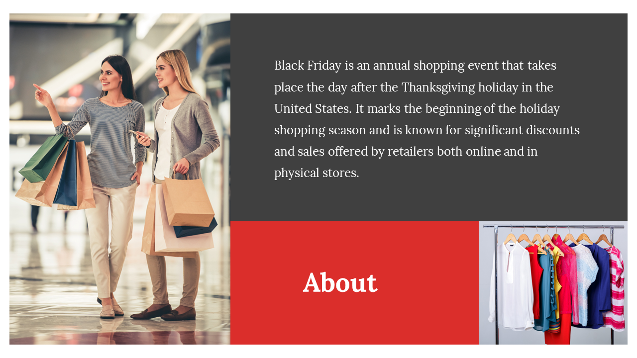 Black Friday PowerPoint slide with two women shopping in a mall and a clothing rack with colorful clothes.