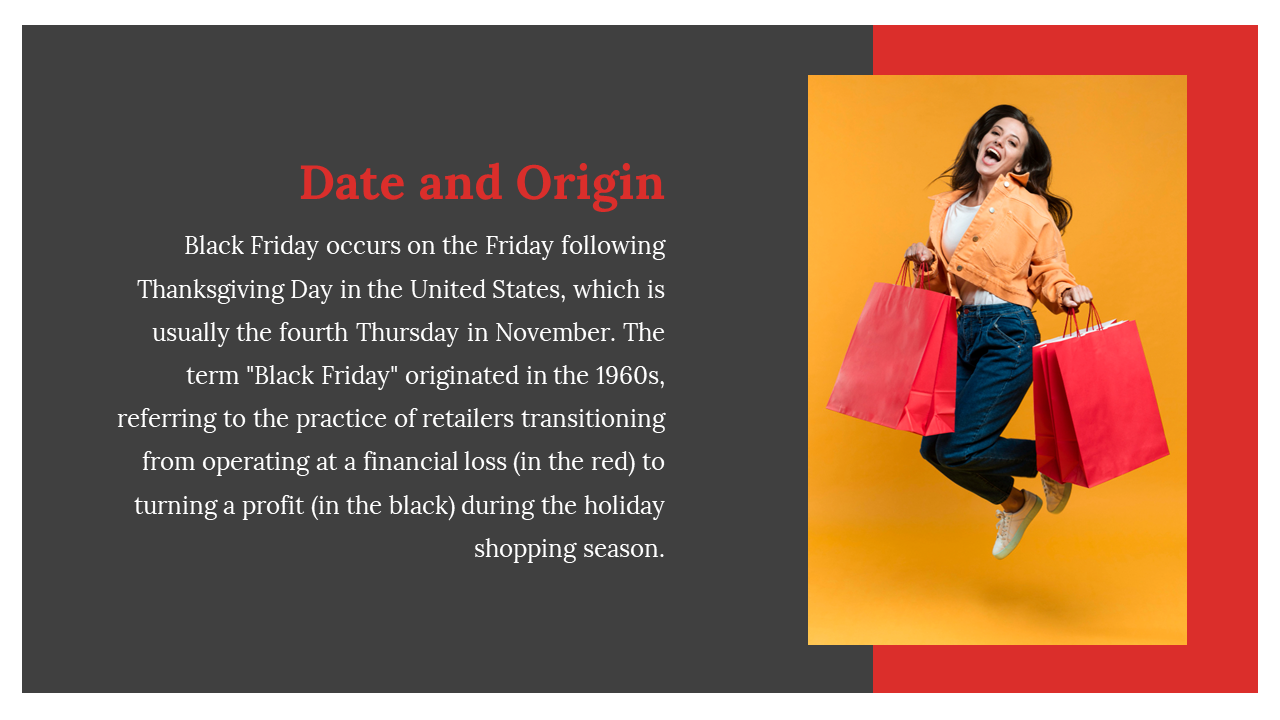 A woman jumping with excitement while holding two large red shopping bags, with a description.