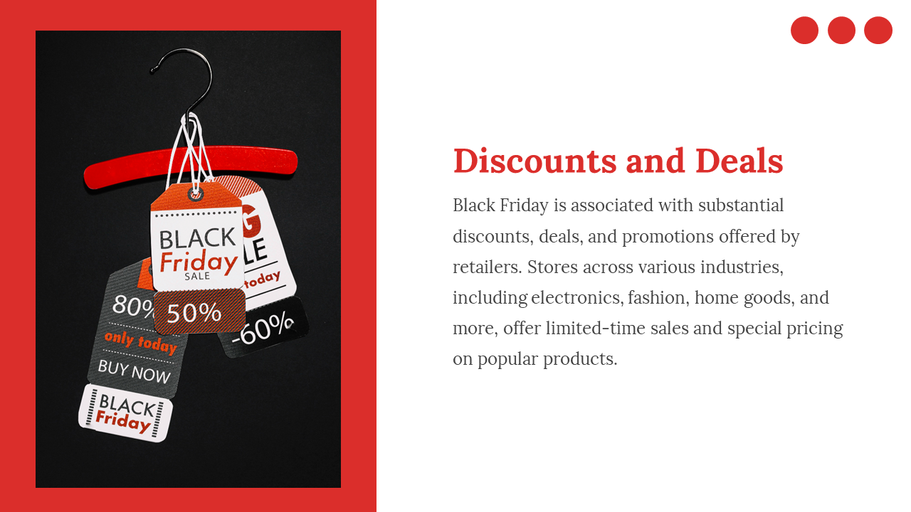 Black Friday sale price tags with discounts on a red hanger, accompanied by text on a white backdrop.