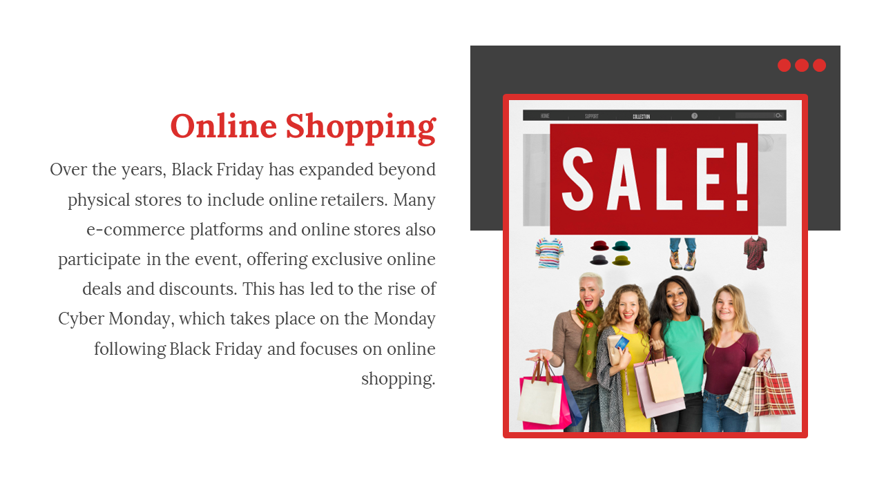 Shoppers with shopping bags next to an online store page display a banner on a white backdrop.