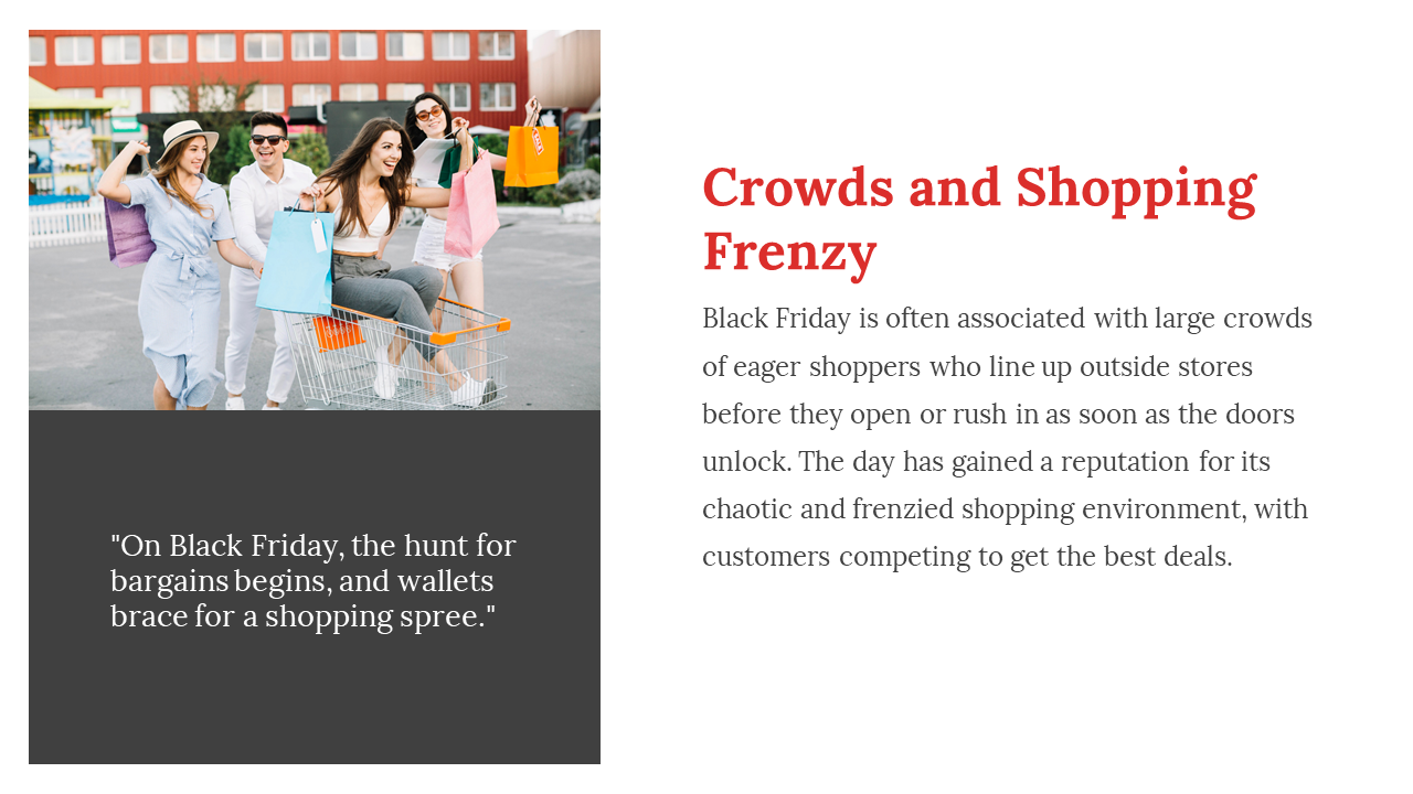 A group of happy shoppers holding shopping bags in a parking lot, with a cart in the foreground on a white backdrop.