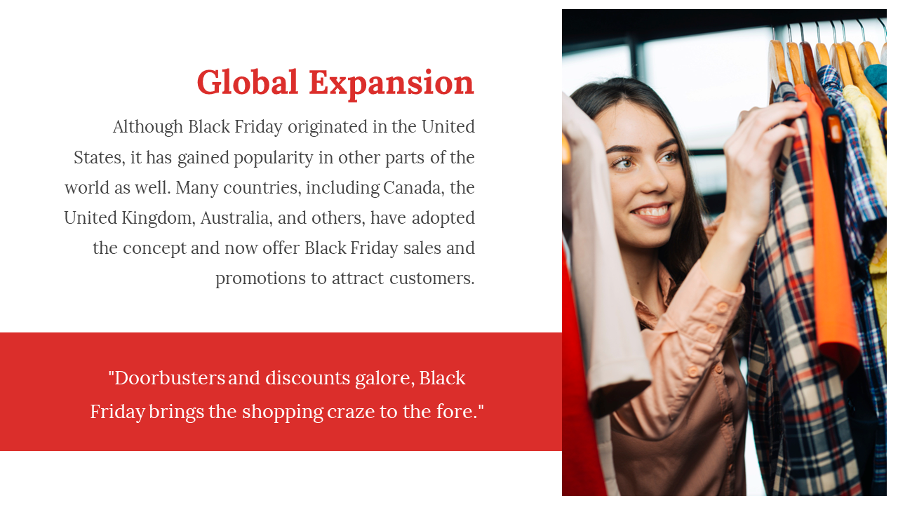 A woman shopping and examining clothes on a rack, representing the global expansion of Black Friday sales worldwide.