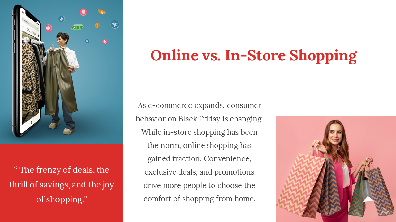 A split screen shows a shopper using a smartphone for online shopping on Black Friday while holding shopping bags.