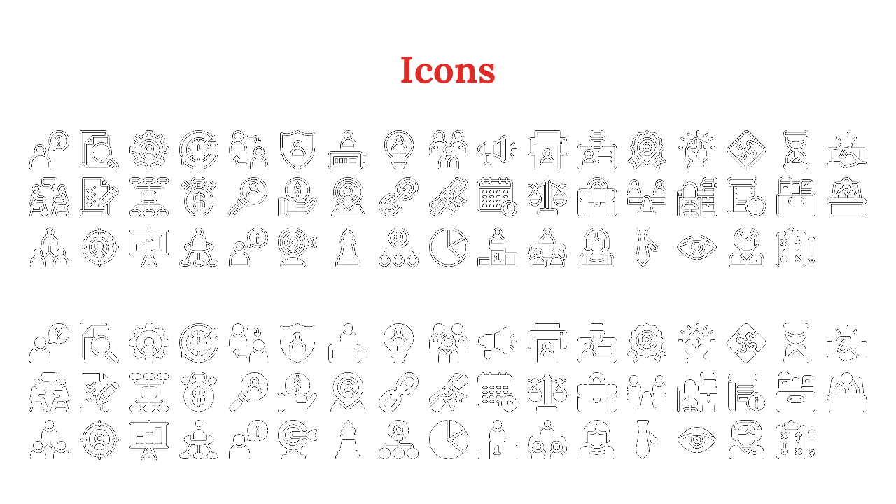 Icons representing diverse themes including business strategy, communication, and management tools, are arranged in two rows.