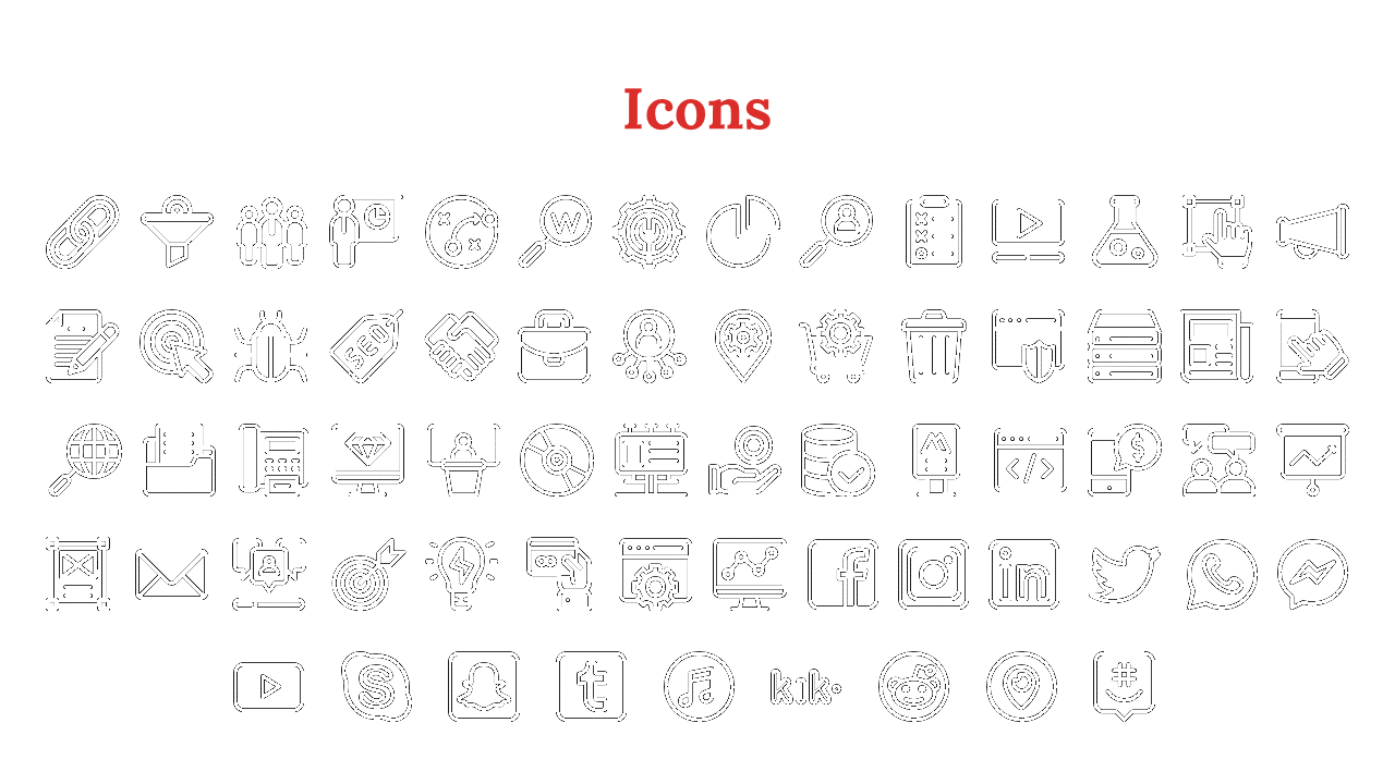 Various business and technology icons including search, SEO, data analysis, communication tools, and social media platforms.