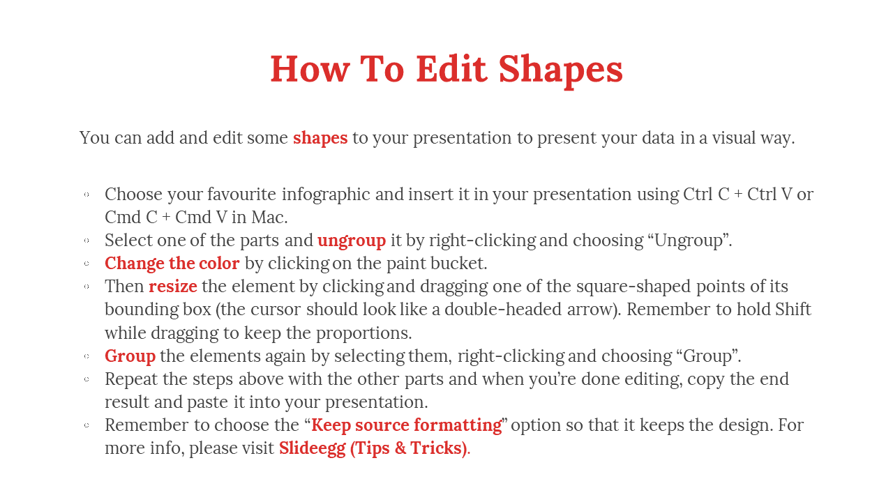 Step by step guide on how to edit shapes in PPT presentation with instructions for ungrouping, resizing and changing colors.
