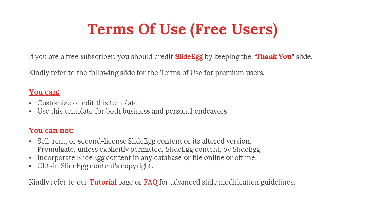 Guidelines for free users of SlideEgg, with instructions on customization, crediting SlideEgg on a white backdrop.