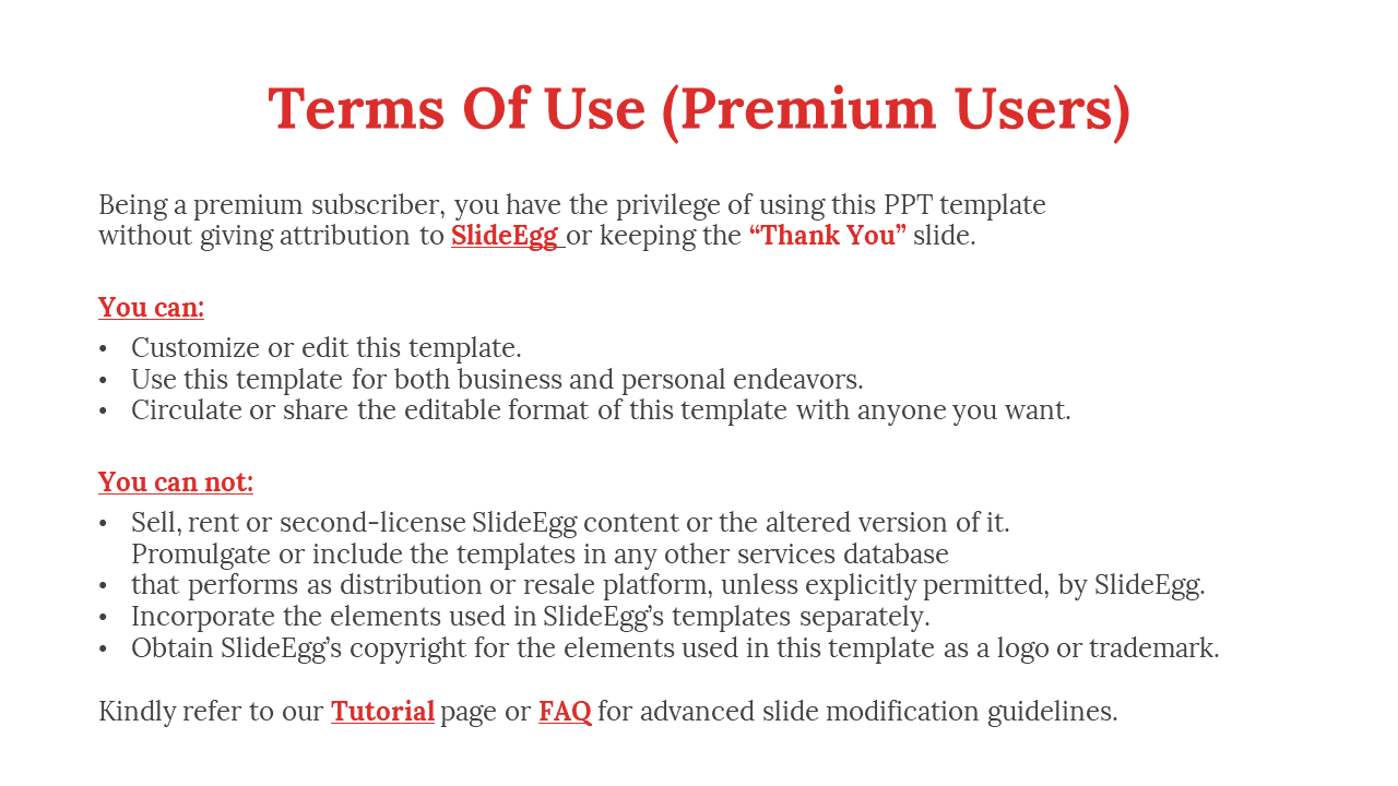 Terms of Use for premium SlideEgg users, including rights to customize templates on a white backdrop.