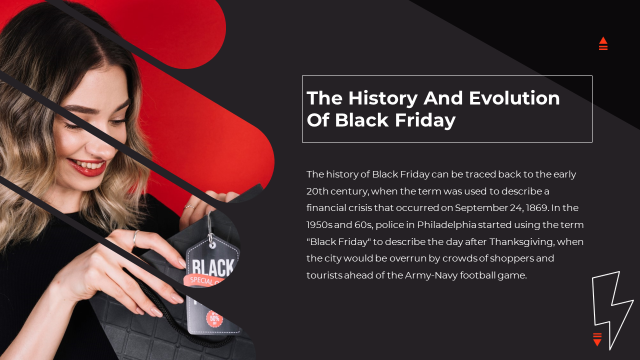 PowerPoint slide discussing the history of Black Friday with a woman smiling and holding a bag with a tag.