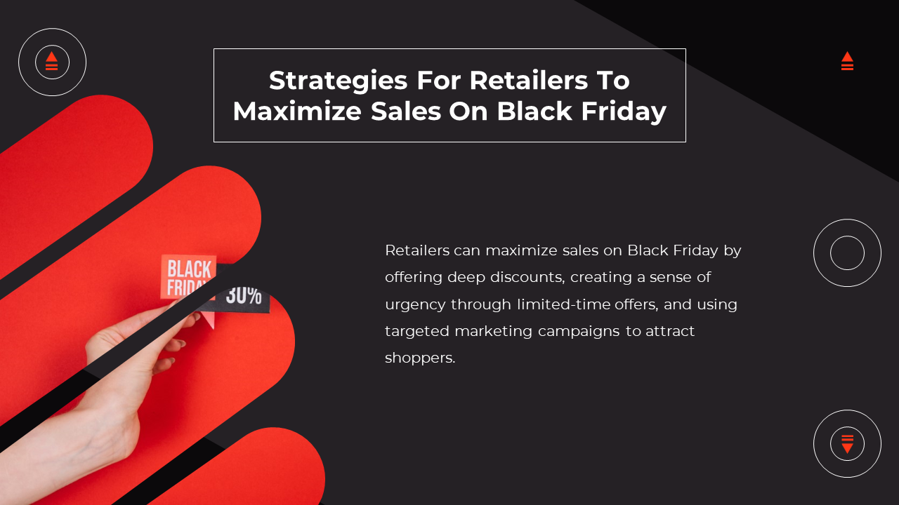 PowerPoint slide on maximizing Black Friday sales, featuring a hand holding a discount tag against a vibrant red background.