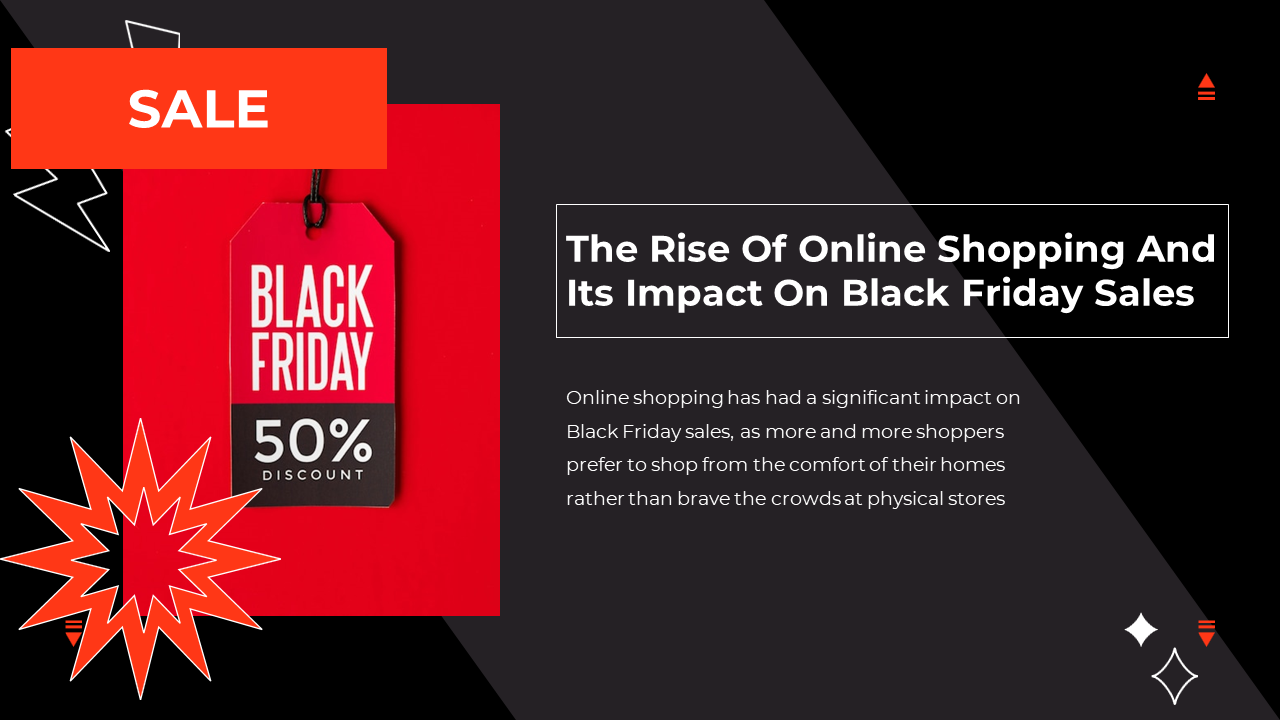PPT slide showing the impact of online shopping on Black Friday, with a discount tag and a red and black background.