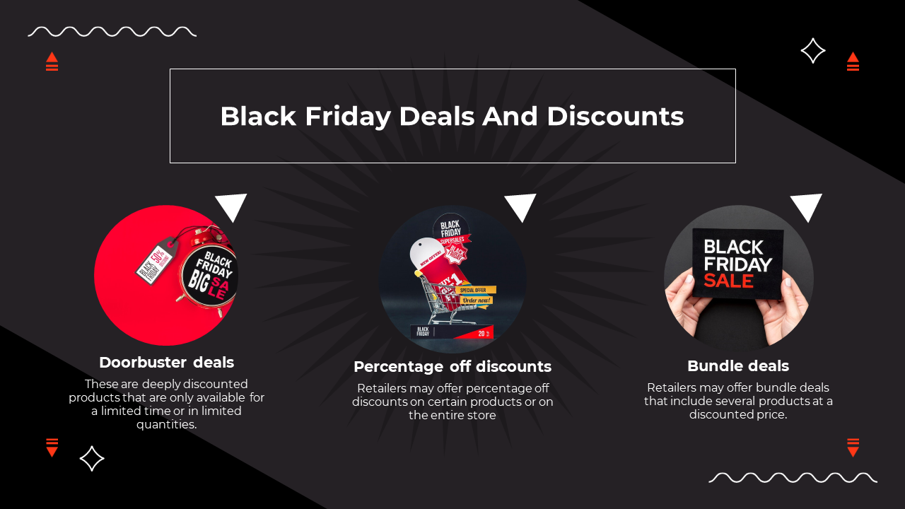 Slide featuring Black Friday deals and discounts, with icons for Doorbuster deals, percentage off discounts and bundle deals.
