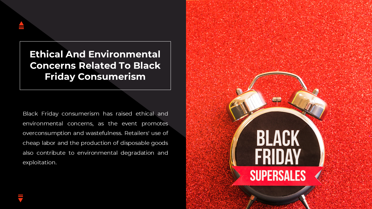 Slide discussing the ethical and environmental concerns of Black Friday consumerism, with an image of a clock in red theme.