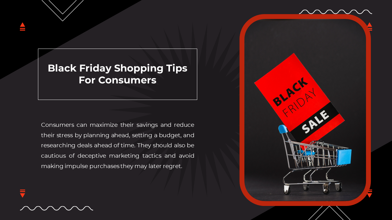Slide showing Black Friday shopping tips for consumers with an image of a shopping cart holding a red sign on dark backdrop.