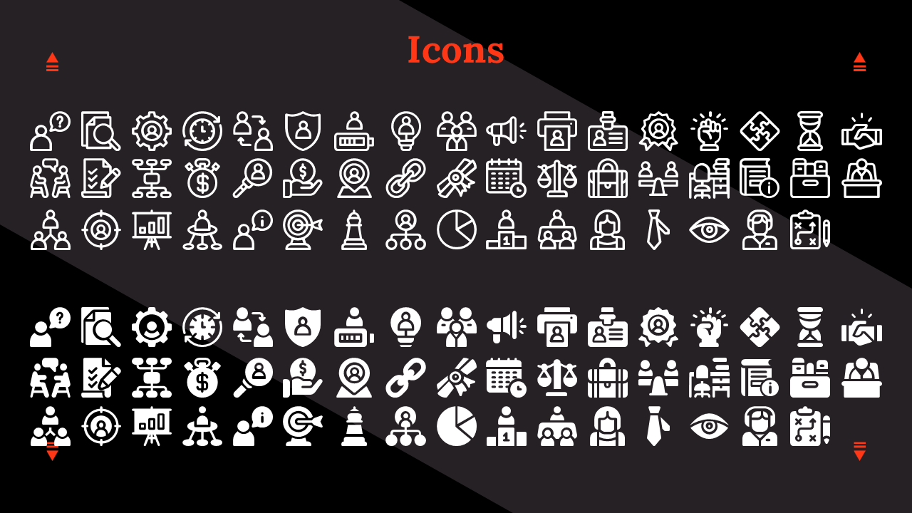 Collection of business icons including a magnifying glass, calendar, clock, and pie chart on a dark backdrop.