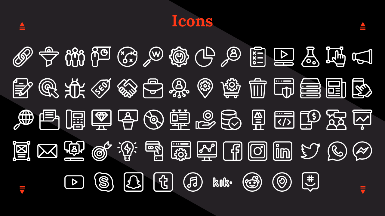 A collection of white business and digital icons on a black background, including symbols for communication and social media.